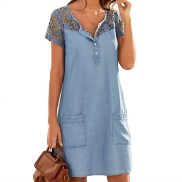 jeans summer short sleeve lace womens dresses patchwork buttons pocket knee length denim lady fashion, Black;gray