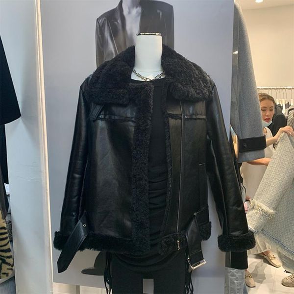 women's leather & faux street bomber fur all-in-one motorcycle suit women 2021 winter korean handsome short thick jacket femme, Black
women's leather & faux street bomber fur all-in-one motorcycle suit women 2021 winter korean handsome short thick jacket femme, Black