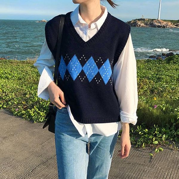 women's vests women autumn knitted sleeveless vest v-neck argyle plaid patterns sweater preppy style contrast color pullover tank top, Black;white
women's vests women autumn knitted sleeveless vest v-neck argyle plaid patterns sweater preppy style contrast color pullover tank top, Black;white