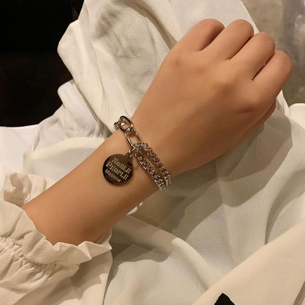 link, chain korean retro alphabet coin pendant bracelet ins normcore style special-interest design double-layer stitching hand jewelry, Black
link, chain korean retro alphabet coin pendant bracelet ins normcore style special-interest design double-layer stitching hand jewelry, Black