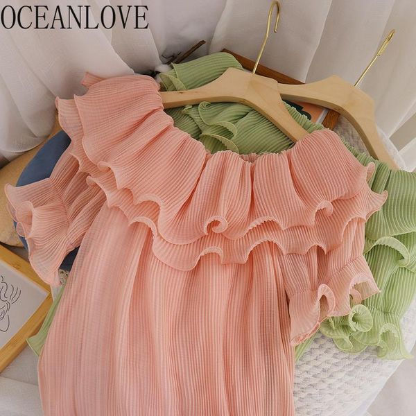 women's blouses & shirts oceanlove ruffles chiffon solid short sleeve slash neck sweet korean retro blusas mujer loose 2021 sumer women, White
women's blouses & shirts oceanlove ruffles chiffon solid short sleeve slash neck sweet korean retro blusas mujer loose 2021 sumer women, White