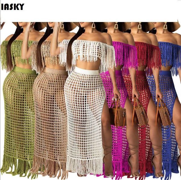 women's swimwear iasky 2pcs/set beach cover ups women crochet hollow out tassel off shoulder +long skirts bikini bathing suit up, White;black
women's swimwear iasky 2pcs/set beach cover ups women crochet hollow out tassel off shoulder +long skirts bikini bathing suit up, White;black