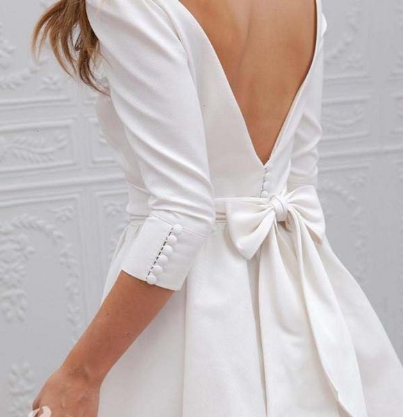 v new ivory back short wedding 2021 scoop a line 3/4 long sleeves satin beach bridal gown robe de mariee cbvk, White
v new ivory back short wedding 2021 scoop a line 3/4 long sleeves satin beach bridal gown robe de mariee cbvk, White