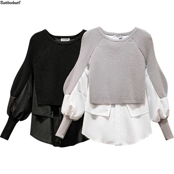 women's sweaters suitlionbutf l-4xl plus size fake 2 piece women sweater pullover lantern sleeve patchwork pull femme casual loose jump, White;black
women's sweaters suitlionbutf l-4xl plus size fake 2 piece women sweater pullover lantern sleeve patchwork pull femme casual loose jump, White;black