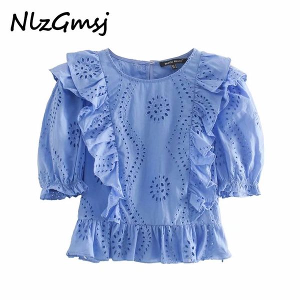 women embroidery ruffle short sleeve shirts blue o-neck female casual summer blouses 210628, White
women embroidery ruffle short sleeve shirts blue o-neck female casual summer blouses 210628, White