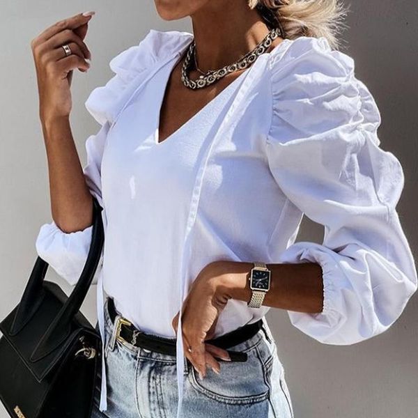 women's blouses & shirts casual solid blouse women elegant office lady v-neck tassel loose 2021 autumn ladies fashion chic puff sleeve, White
women's blouses & shirts casual solid blouse women elegant office lady v-neck tassel loose 2021 autumn ladies fashion chic puff sleeve, White