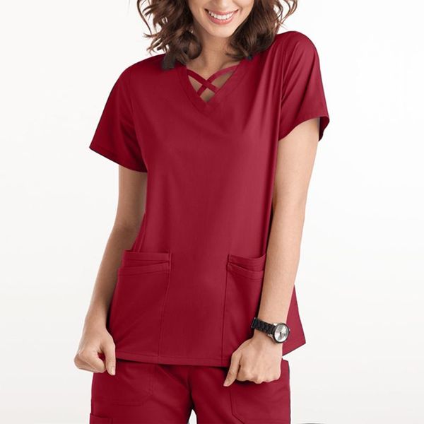 women's t-shirt cross bandage v-neck pocket care workers woman summer tee solid color short sleeve female streetwear, White
women's t-shirt cross bandage v-neck pocket care workers woman summer tee solid color short sleeve female streetwear, White