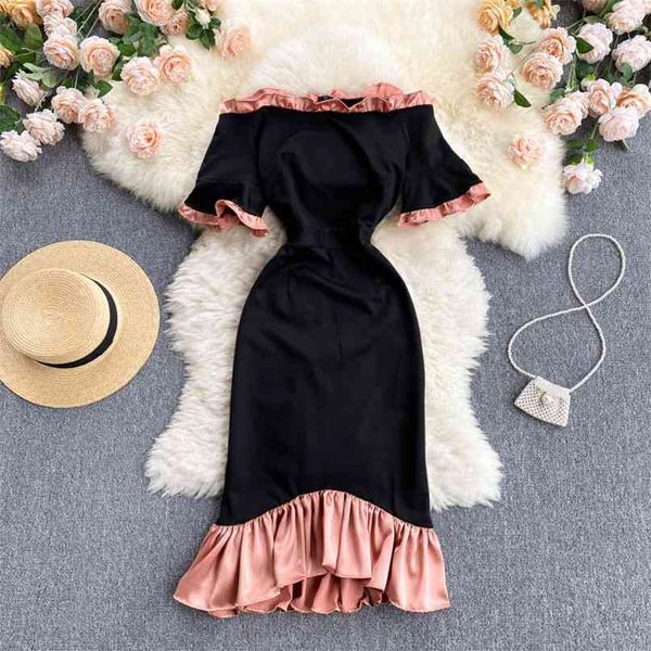 women fashion high street slash neck hit the wood ear short flare sleeve mini dress party vintage vestidos s450 210527, Black;gray
women fashion high street slash neck hit the wood ear short flare sleeve mini dress party vintage vestidos s450 210527, Black;gray