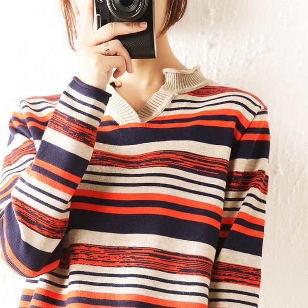 women's sweaters cashmere long sleeve sweater v-collar loose leisure stripe knitted pullover ladies sweate, White;black
women's sweaters cashmere long sleeve sweater v-collar loose leisure stripe knitted pullover ladies sweate, White;black