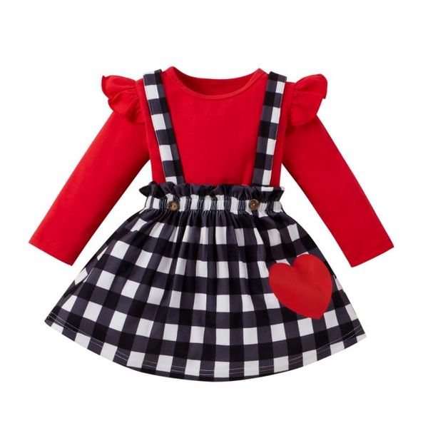 newborn infant clothes baby girls red ruffles long sleeve + plaid short skirt 2pcs toddler kids outfits, White