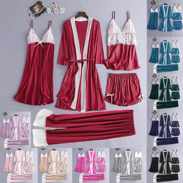 women's sleepwear lace nightwear pajamas women suit intimate lingerie satin sleep set 5pcs kimono robe soft homewear, Black;red
women's sleepwear lace nightwear pajamas women suit intimate lingerie satin sleep set 5pcs kimono robe soft homewear, Black;red