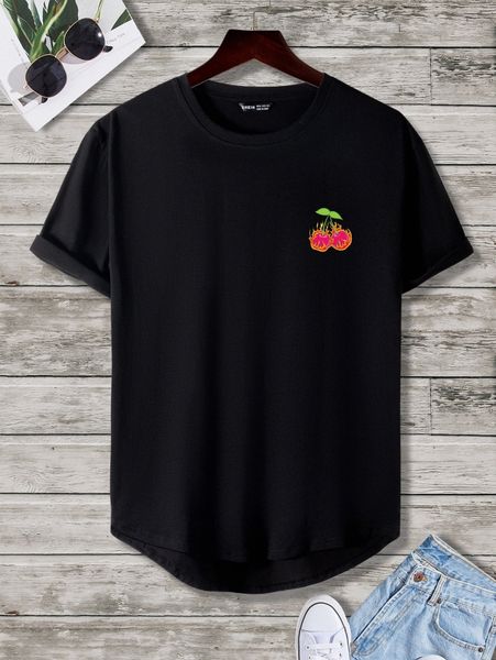 men cherry print high low hem tee m50j#, White;black