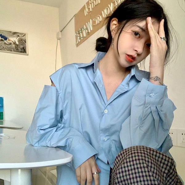 spring 2021 simple solid color retro casual design sense strapless loose long-sleeved shirt women, White
spring 2021 simple solid color retro casual design sense strapless loose long-sleeved shirt women, White