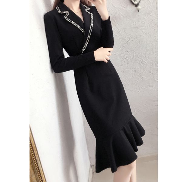 elegant lapel collar slim waist black office dress knee length zipper ruffles long sleeve cocktail dress
elegant lapel collar slim waist black office dress knee length zipper ruffles long sleeve cocktail dress
