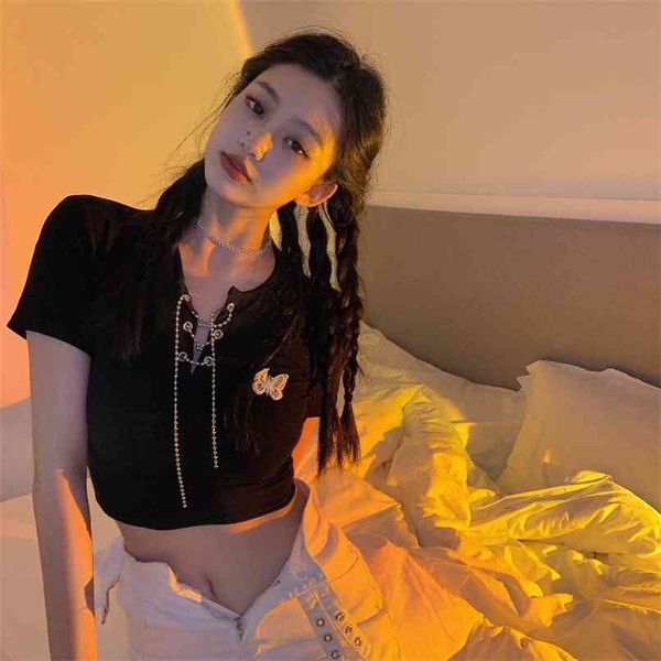 t-shirt female ins butterfly short slim v-neck chain strap black short-sleeved shirt summer 210529, White
t-shirt female ins butterfly short slim v-neck chain strap black short-sleeved shirt summer 210529, White