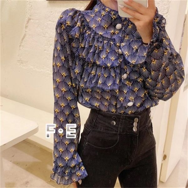 2021 spring and in autumn new korean style half-neck ruffled floral chiffon shirt loose temperament bell shirt b5kb, White
2021 spring and in autumn new korean style half-neck ruffled floral chiffon shirt loose temperament bell shirt b5kb, White
