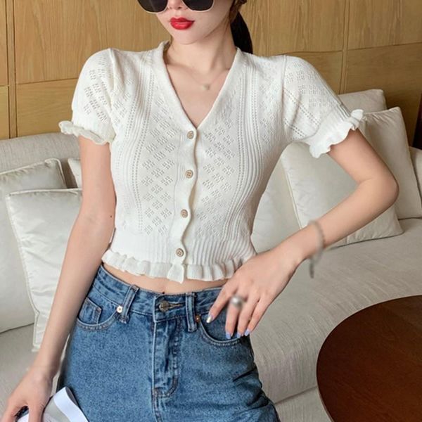 women's t-shirt 2021 women knitted summer thin short-sleeved v-neck fashion wild solid color openwork cardigan with ruffles, White
women's t-shirt 2021 women knitted summer thin short-sleeved v-neck fashion wild solid color openwork cardigan with ruffles, White
