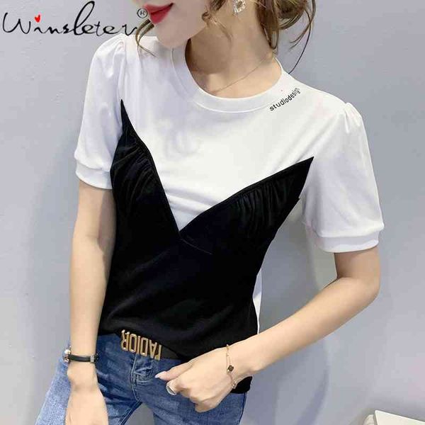women's t-shirt summer korean clothes cotton letter fashion o-neck fake two pieces color blocking women short sleeve tees t15, White
women's t-shirt summer korean clothes cotton letter fashion o-neck fake two pieces color blocking women short sleeve tees t15, White