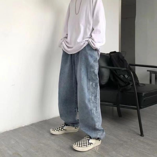 men's jeans retro flower printing straight pants stitching washed denim casual elastic waist loose fashion trousers s-3xl, Blue
men's jeans retro flower printing straight pants stitching washed denim casual elastic waist loose fashion trousers s-3xl, Blue