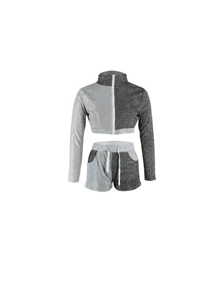 long sleeve two piece set zipper womens set sparkling color patchwork jacket crop shorts pants set tracksuit outfits, White
long sleeve two piece set zipper womens set sparkling color patchwork jacket crop shorts pants set tracksuit outfits, White