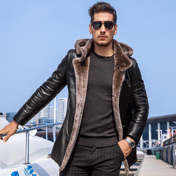 men's leather & faux winter shearling jacket fur coat long genuine men hooded thickened sheepskin warm, Black
men's leather & faux winter shearling jacket fur coat long genuine men hooded thickened sheepskin warm, Black