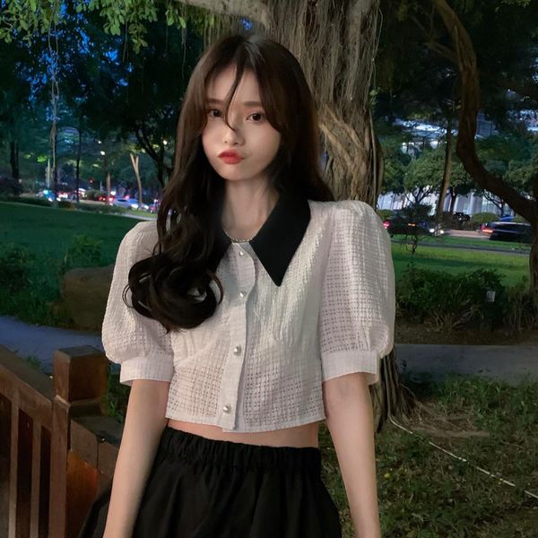 women's polos summer design sense niche doll collar plaid hit color puff sleeve short shirt women, White
women's polos summer design sense niche doll collar plaid hit color puff sleeve short shirt women, White