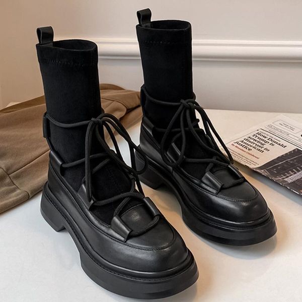 boots women's genuine leather stretch fabric patchwrk slip-on platform flats ankle cross strap thick sole motorcycle shoes, Black
boots women's genuine leather stretch fabric patchwrk slip-on platform flats ankle cross strap thick sole motorcycle shoes, Black