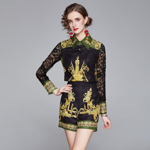 women's tracksuits runway spring autumn fashion shorts suit lace patchwork long sleeve shirt + vintage printed two pieces set, Gray
women's tracksuits runway spring autumn fashion shorts suit lace patchwork long sleeve shirt + vintage printed two pieces set, Gray