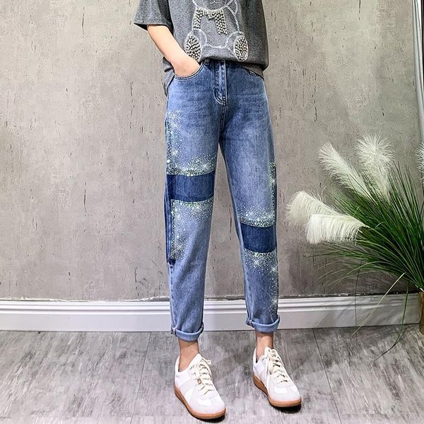 women's jeans contrast color rhinestone high waist 2021autumn straight loose slimming harem daddy pants trousers, Blue
women's jeans contrast color rhinestone high waist 2021autumn straight loose slimming harem daddy pants trousers, Blue