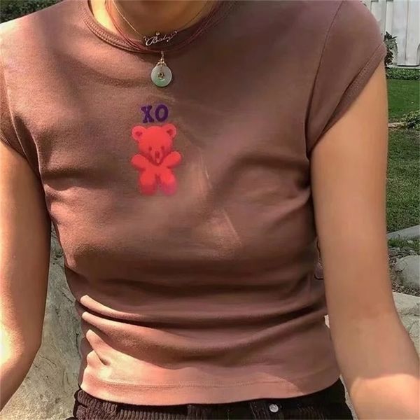women bear print crop tee short sleeve slim fit t-shirt 210306, White 
women bear print crop tee short sleeve slim fit t-shirt 210306, White
