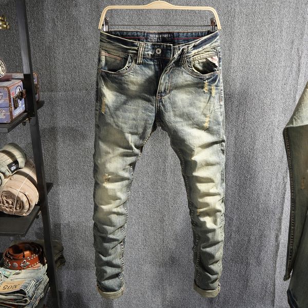 2021 new italian style fashion retro yellow slim fit ripped men cotton denim pants vintage designer jeans 2eop, Blue
2021 new italian style fashion retro yellow slim fit ripped men cotton denim pants vintage designer jeans 2eop, Blue