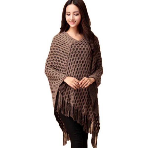 wholesale-women tassels hem batwing sleeve shawl cape poncho knit cardigan sweater coat, White