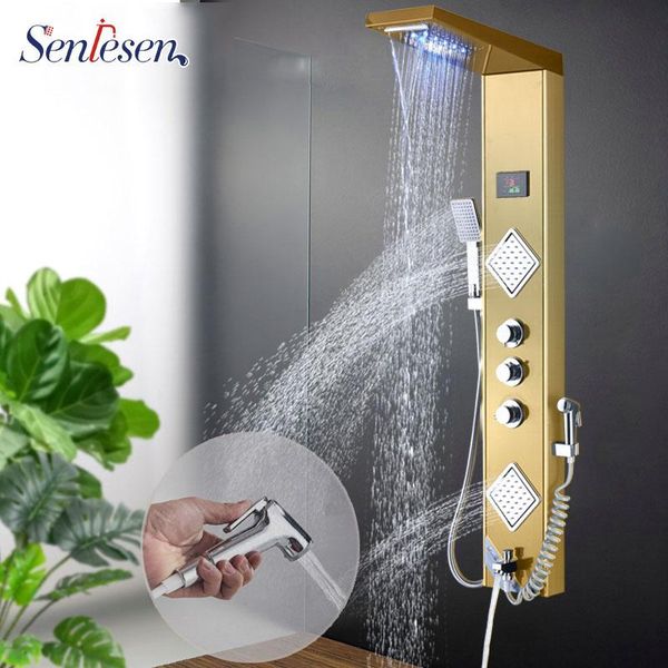 senlesen golden shower panel waterfall & rainfall shower head steel triple handles and cold water mixer taps para bathroom
senlesen golden shower panel waterfall & rainfall shower head steel triple handles and cold water mixer taps para bathroom