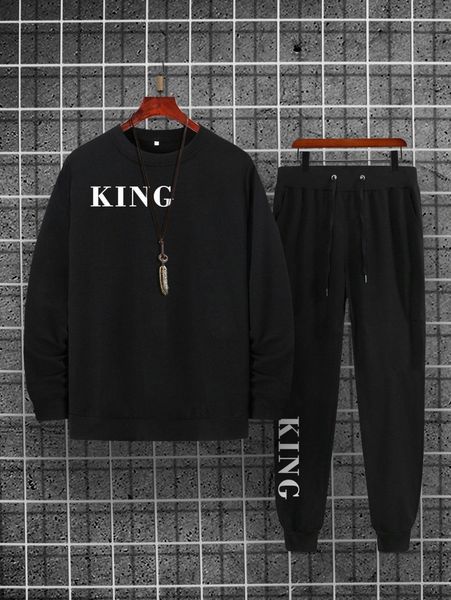 men letter graphic pullover & slant pocket sweatpants l3lu#, Gray