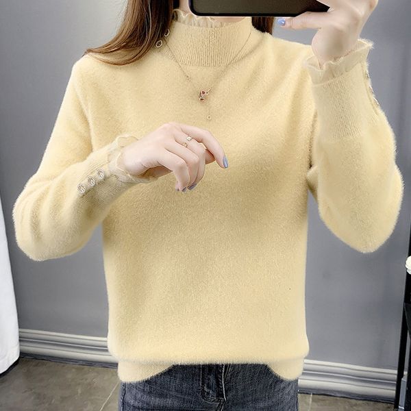 2021 new solid woman's knitted turtleneck jumpers long sleeve elegant ladies sweater with buttons warm high neck ruffles female pullove, White;black
2021 new solid woman's knitted turtleneck jumpers long sleeve elegant ladies sweater with buttons warm high neck ruffles female pullove, White;black
