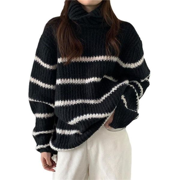 women's sweaters high collar thick stripe sweater vintage striped winter warm knitwear long sleeve casual loose jumper, White;black
women's sweaters high collar thick stripe sweater vintage striped winter warm knitwear long sleeve casual loose jumper, White;black