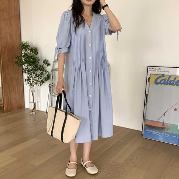women blue dress french vintage short sleeve es woman loose wasit long v-neck button es plus size ol 210604, Black;gray
women blue dress french vintage short sleeve es woman loose wasit long v-neck button es plus size ol 210604, Black;gray