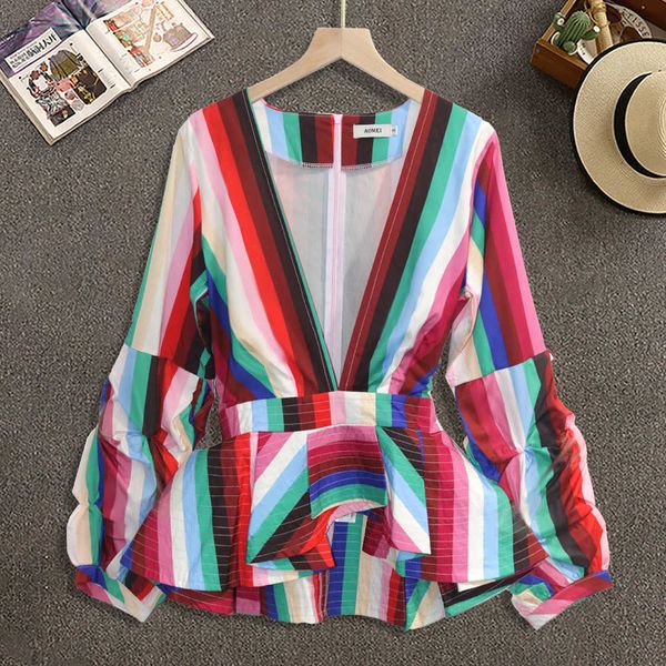 rainbow color striped print puff sleeve peplum womens and blouses v neck ruffles trim with zipper office wear shirts 210527, White
rainbow color striped print puff sleeve peplum womens and blouses v neck ruffles trim with zipper office wear shirts 210527, White