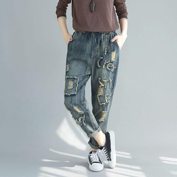 women's jeans spring autumn baggy embroidery ripped women elastic waist casual vintage high harem pants trousers, Blue
women's jeans spring autumn baggy embroidery ripped women elastic waist casual vintage high harem pants trousers, Blue