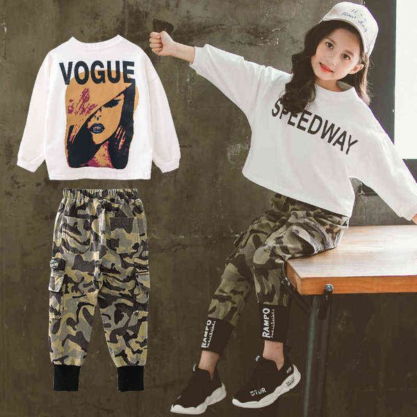 girls clothing sets 2021 autumn fashion long-sleeved t-shirt + camouflage pants girls clothes 6 8 10 12 years teenage clothing g0119, White