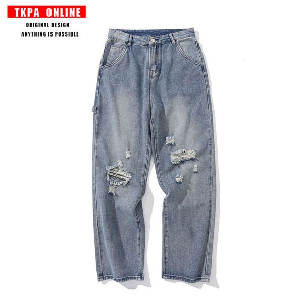 tkpa fashion brand knee hole loose straight jeans daddy pants men's high street hip hop hip hop, Black