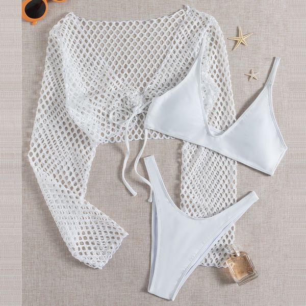 3Pieces/Lot Women Sexy Solid Color Hollow Out Sunscreen Shirt Bikiini Set Three Pieces With Chest Pad Swimming Surfing Bikini, White
3Pieces/Lot Women Sexy Solid Color Hollow Out Sunscreen Shirt Bikiini Set Three Pieces With Chest Pad Swimming Surfing Bikini, White