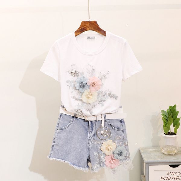 2021 new women 3d flowers embroidery sequined tshirt+short jeans 2pcs summer female casual denim shorts set ult4, White
2021 new women 3d flowers embroidery sequined tshirt+short jeans 2pcs summer female casual denim shorts set ult4, White