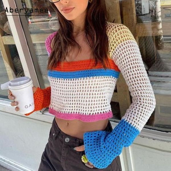 women's sweaters aberyamee 2021 autumn knit sweater patchwork print square collar long sleeve short jumper ladies chic fashion, White;black 
women's sweaters aberyamee 2021 autumn knit sweater patchwork print square collar long sleeve short jumper ladies chic fashion, White;black