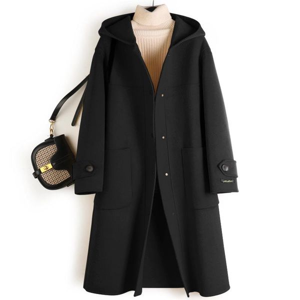 women's wool & blends 2021 autumn and winter double-sided mid-length solid color straight hooded hand-stitched woolen coat women b131, Black
women's wool & blends 2021 autumn and winter double-sided mid-length solid color straight hooded hand-stitched woolen coat women b131, Black