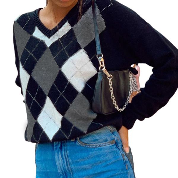 women's sweaters autumn retro y2k v-neck knitted female ladies classic long sleeve argyle print loose knitwear jumper, White;black
women's sweaters autumn retro y2k v-neck knitted female ladies classic long sleeve argyle print loose knitwear jumper, White;black