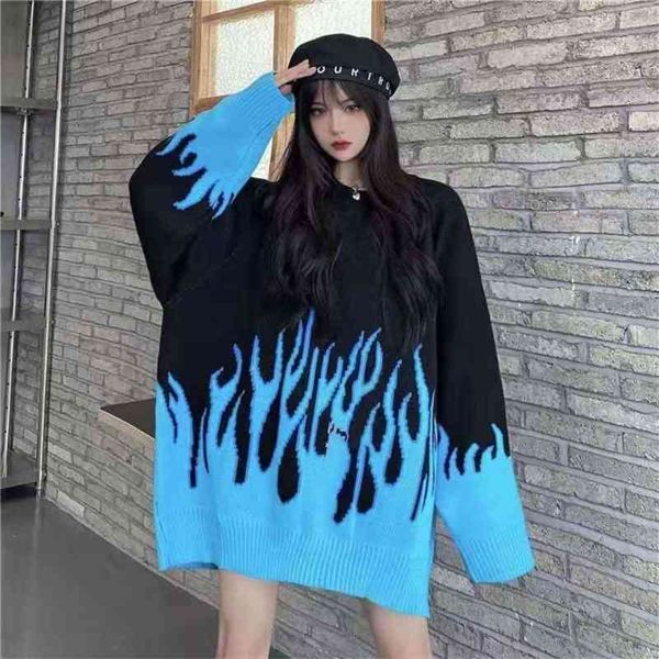2021 spring new round neck loose sweater female flame jacquard color matching ins net red selling a077, White;black
2021 spring new round neck loose sweater female flame jacquard color matching ins net red selling a077, White;black