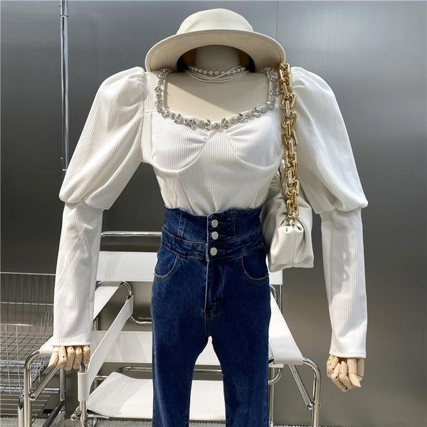 women's sweaters brand original design 2021 diamond studded square neck bubble sleeve chic versatile slim short thread cotton t-shirt, White;black
women's sweaters brand original design 2021 diamond studded square neck bubble sleeve chic versatile slim short thread cotton t-shirt, White;black