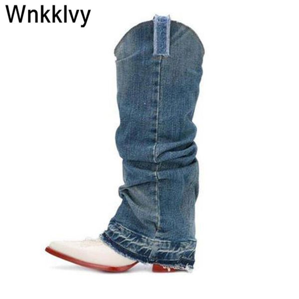 boots women long western cowboy denim shoes chunky high heel retro knee pointed toe catwalk knight booties 2021, Black