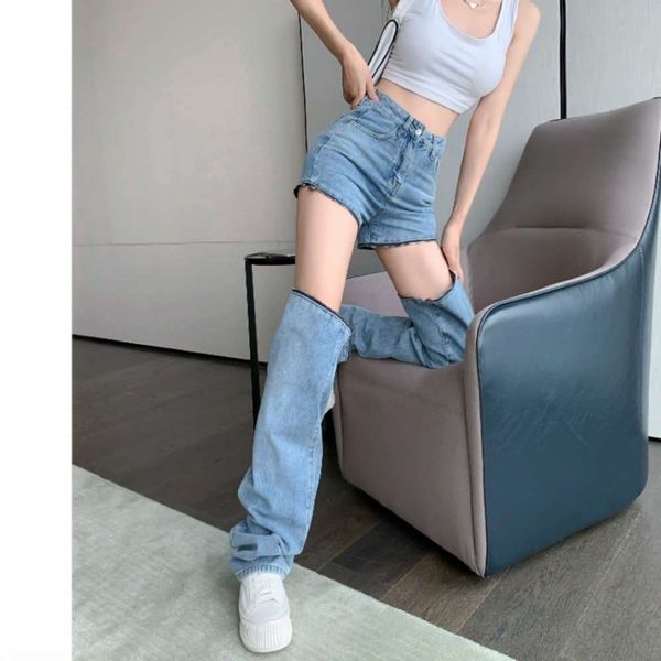 female design sense of high waist thin tube detachable pants summer wide leg, Blue